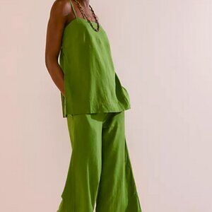 Free People Sightseer Linen Co-Ord  Banana Leaf Sleeveless Pockets Top Pant S